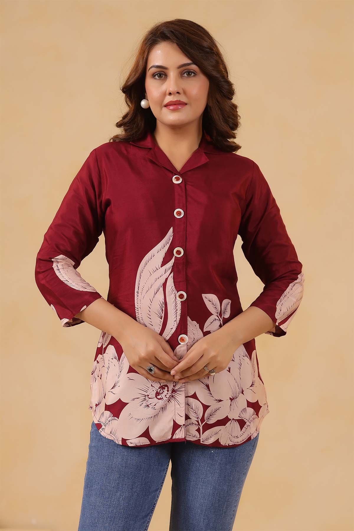Maroon Russian Silk Printed Top