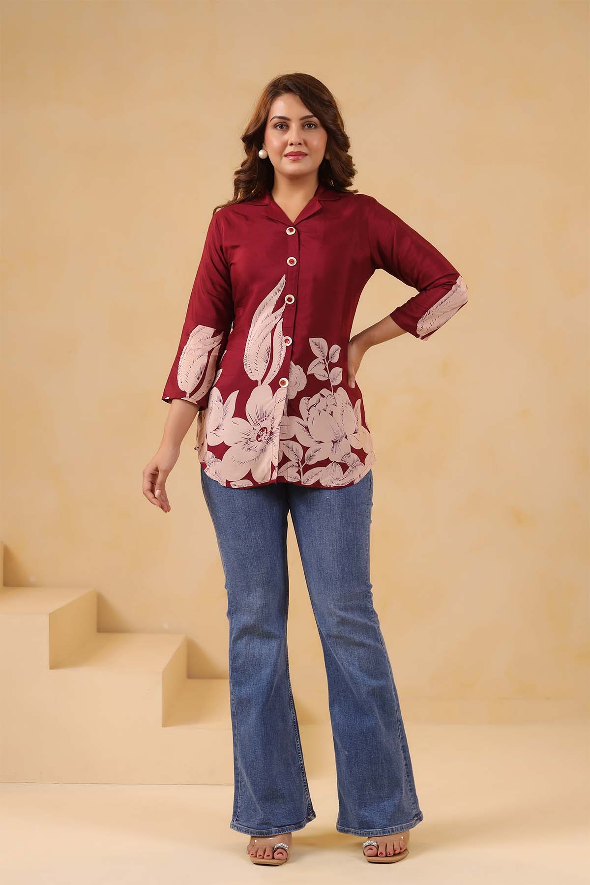 Maroon Russian Silk Printed Top