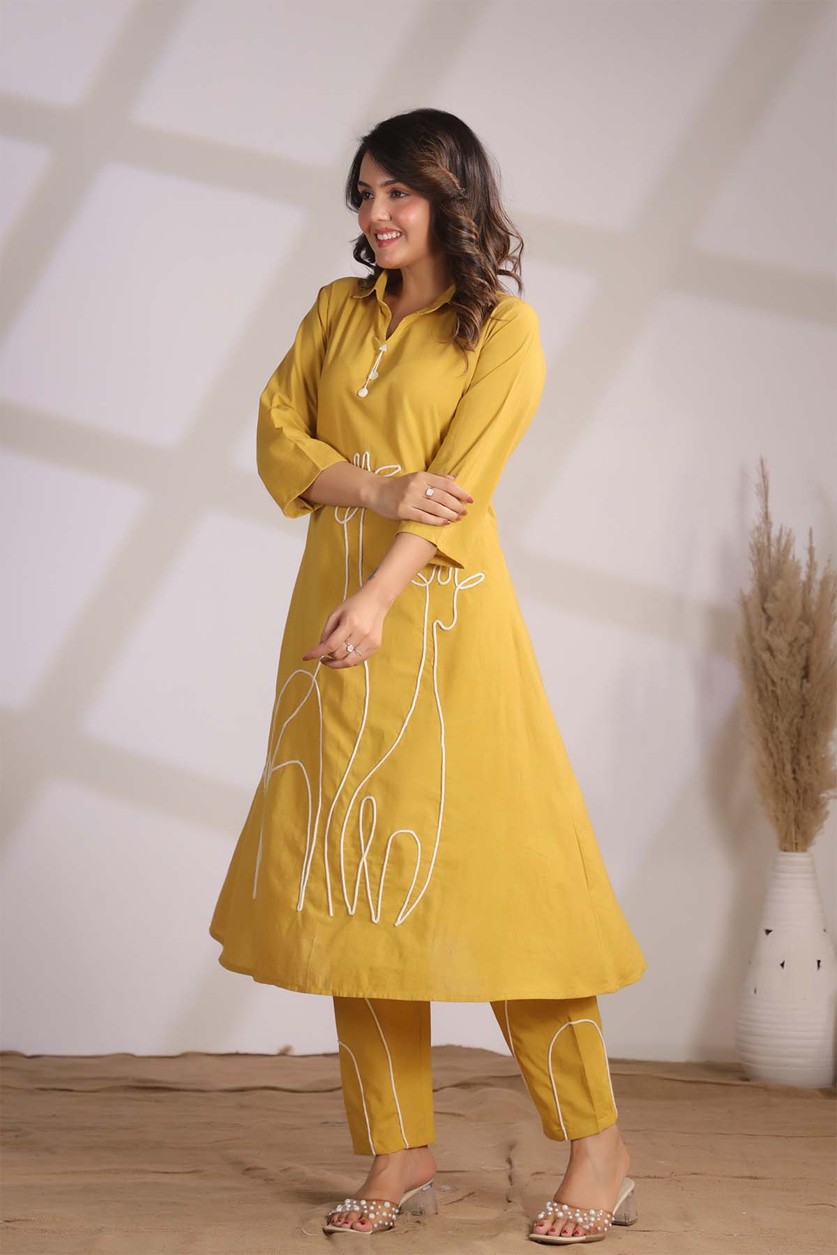 Yellow Printed Russian Silk Co-Ord Set for Women