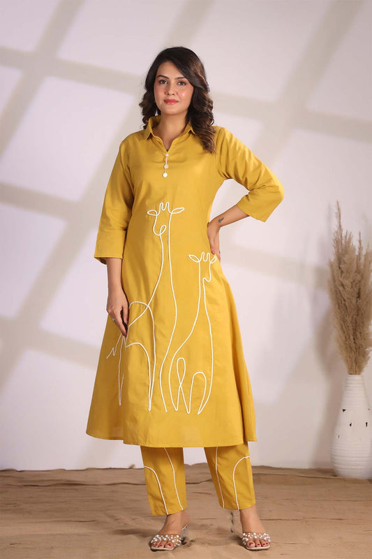Yellow Printed Russian Silk Co-Ord Set for Women