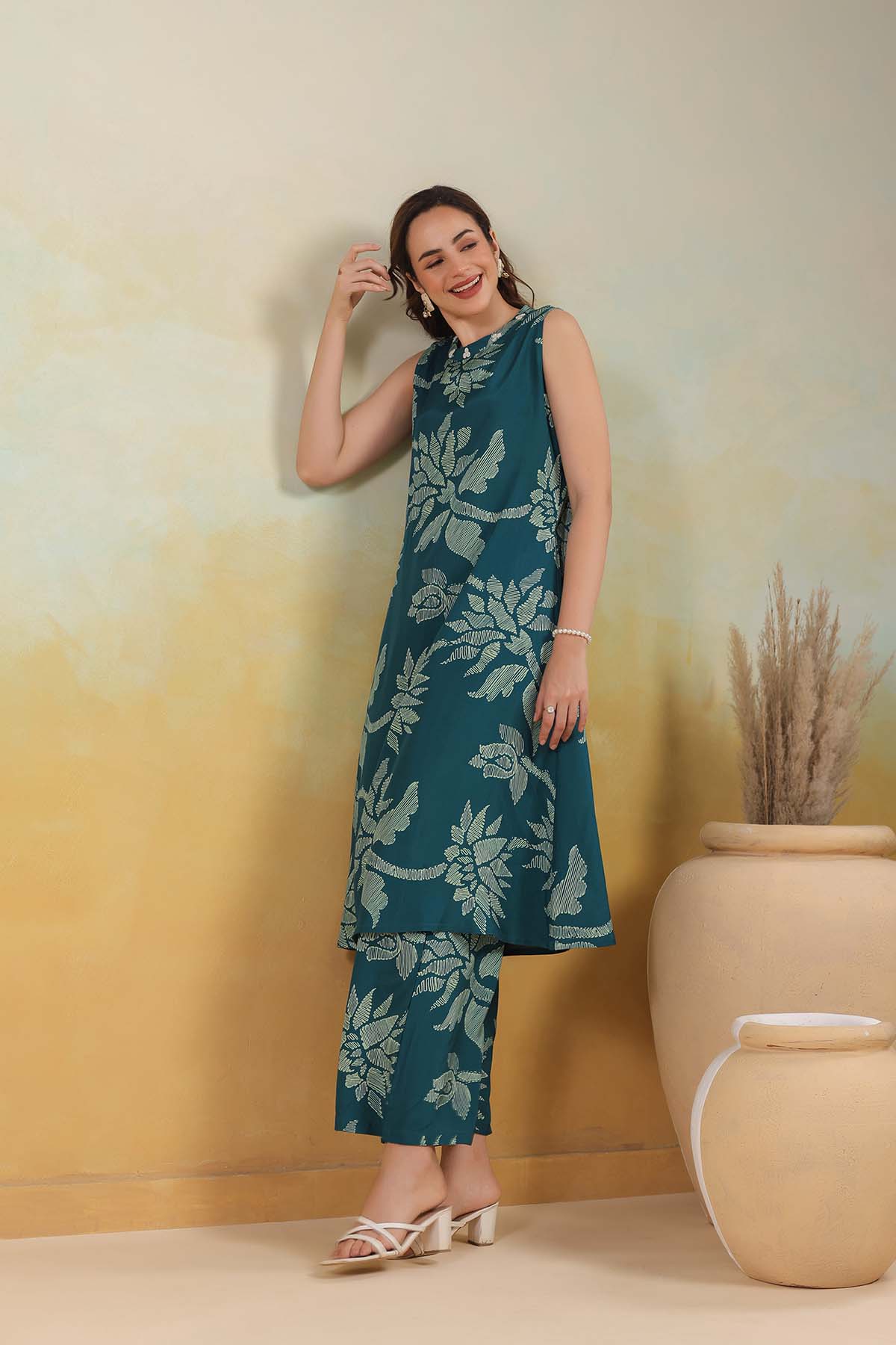 Blue Printed Russian Silk Co-Ord Set for Women
