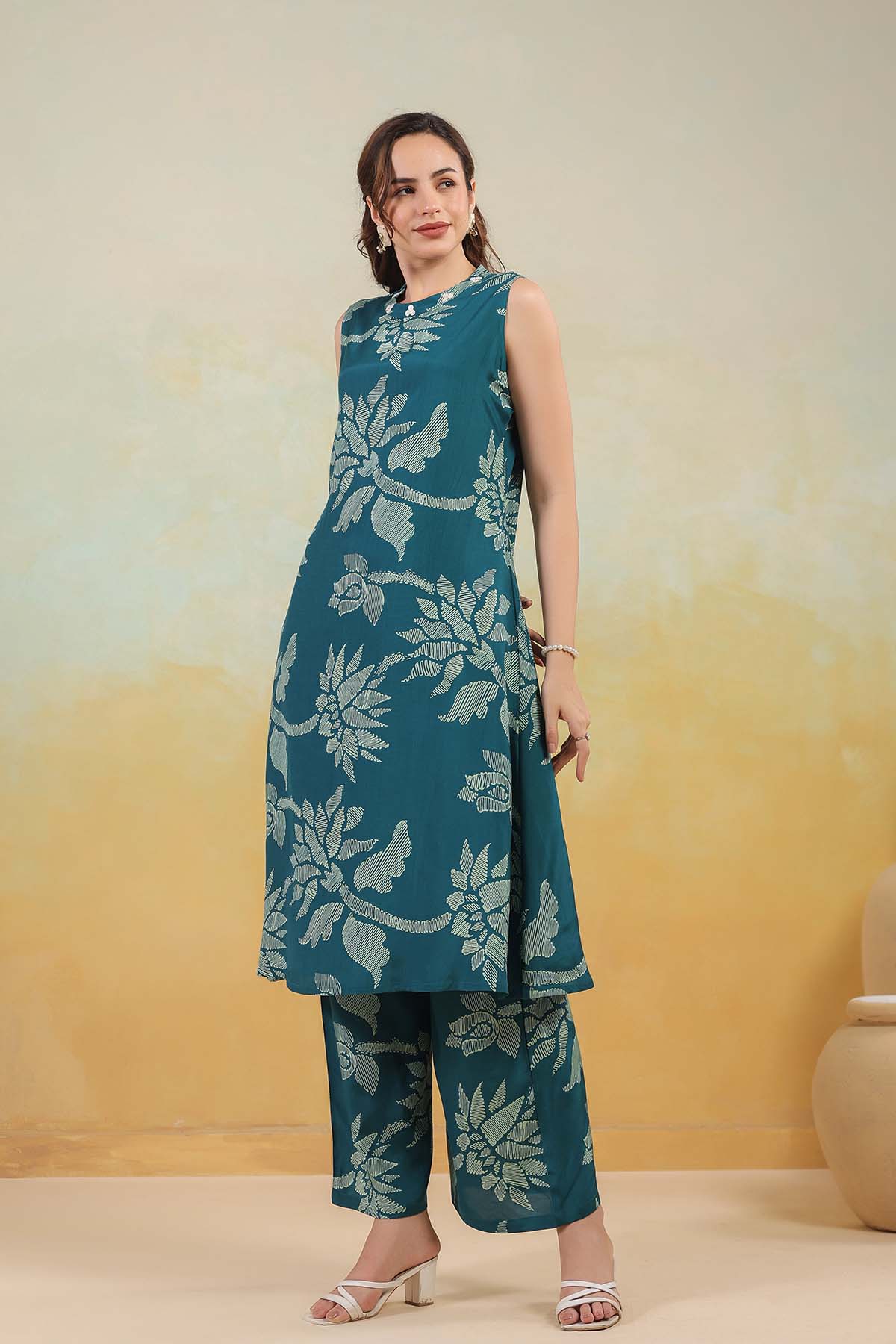 Blue Printed Russian Silk Co-Ord Set for Women