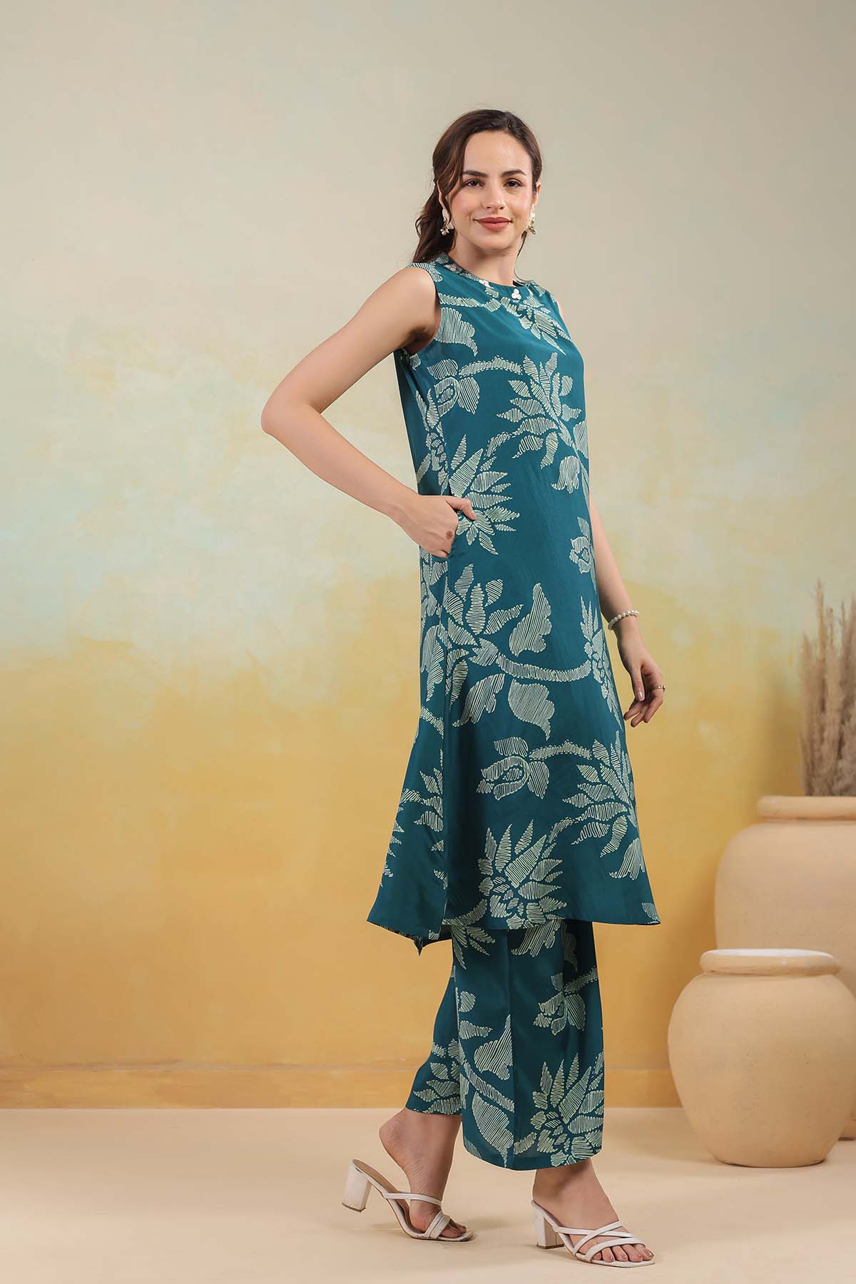 Blue Printed Russian Silk Co-Ord Set for Women