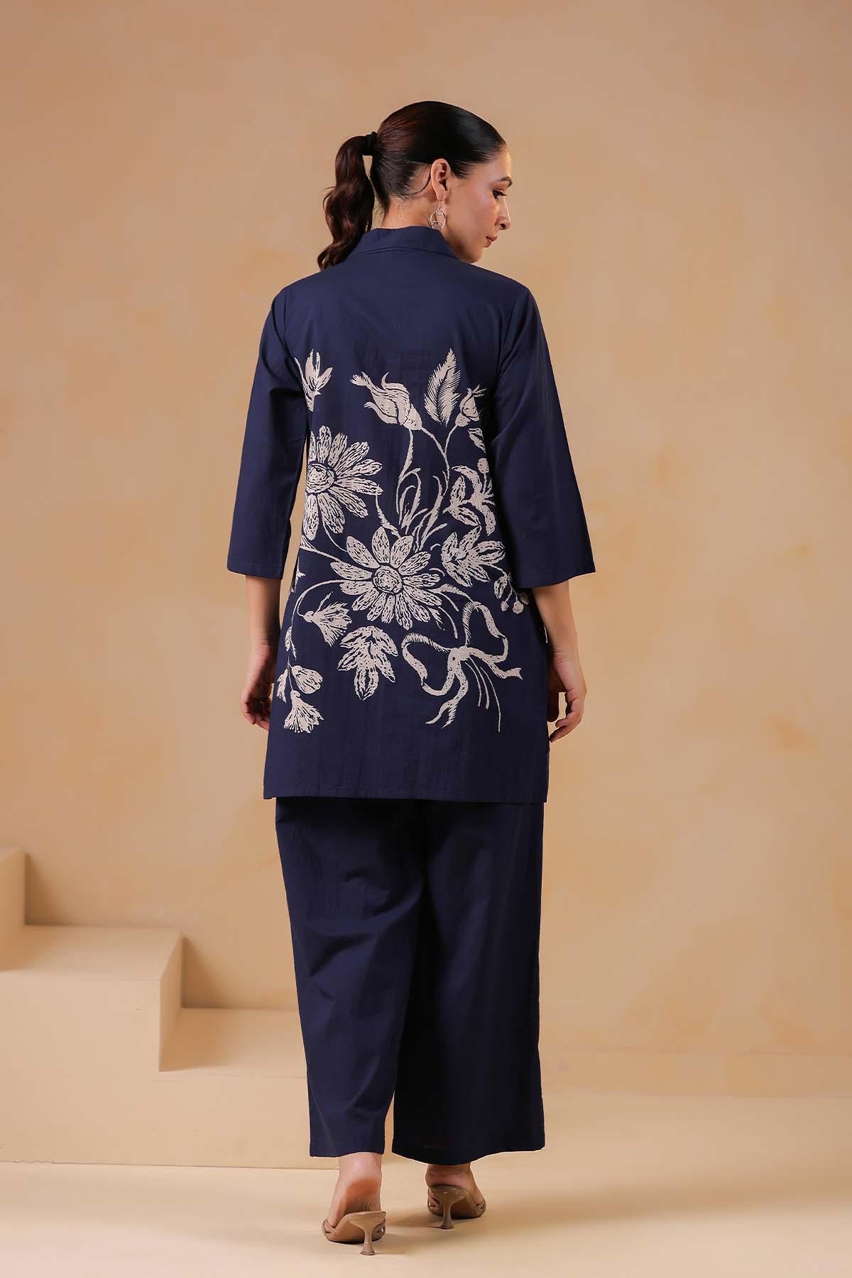 Navy Printed Russian Silk Co-Ord Set for Women