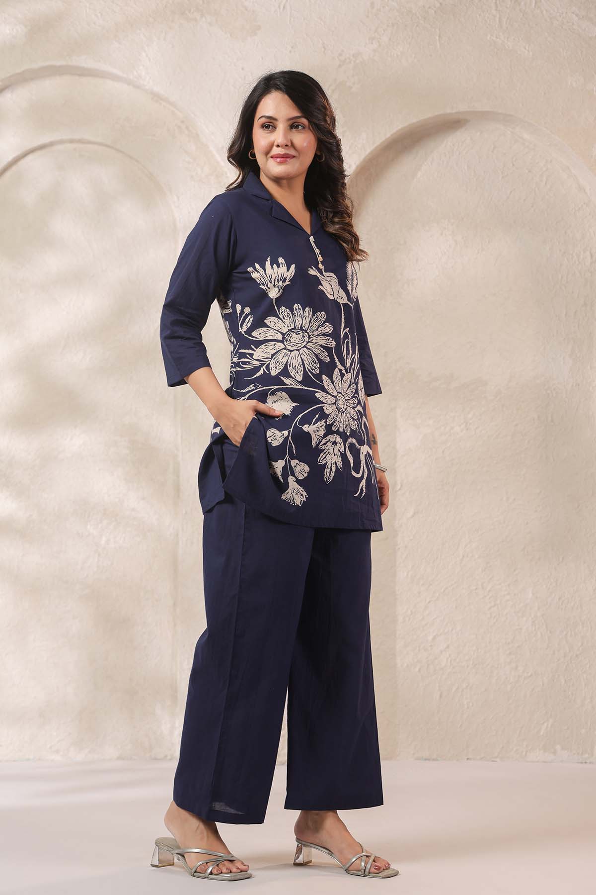 Navy Printed Russian Silk Co-Ord Set for Women