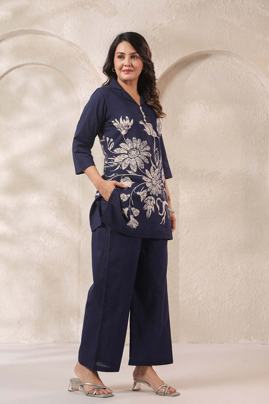 Navy Printed Russian Silk Co-Ord Set for Women
