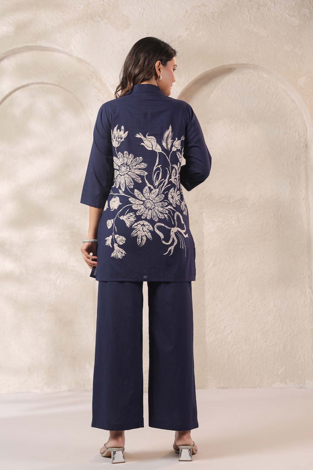 Navy Printed Russian Silk Co-Ord Set for Women