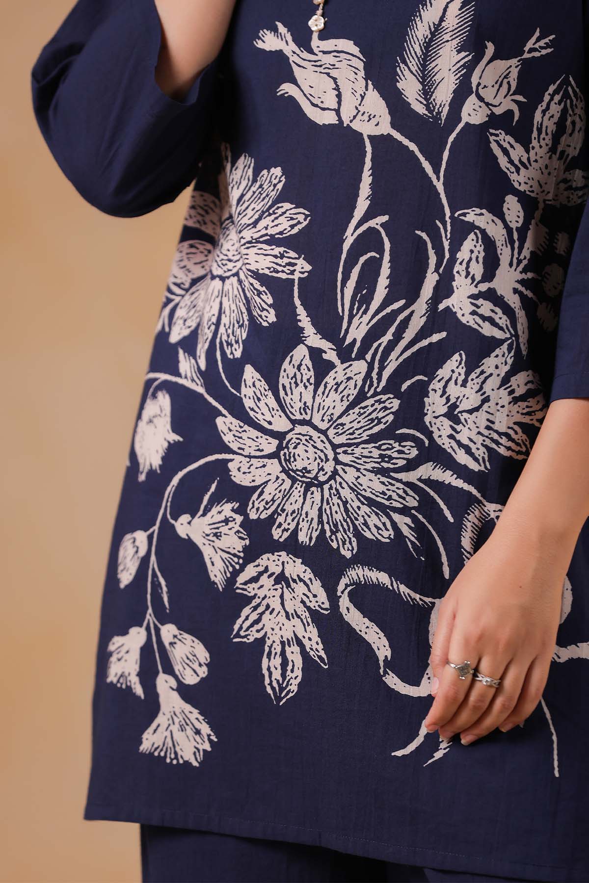 Navy Printed Russian Silk Co-Ord Set for Women