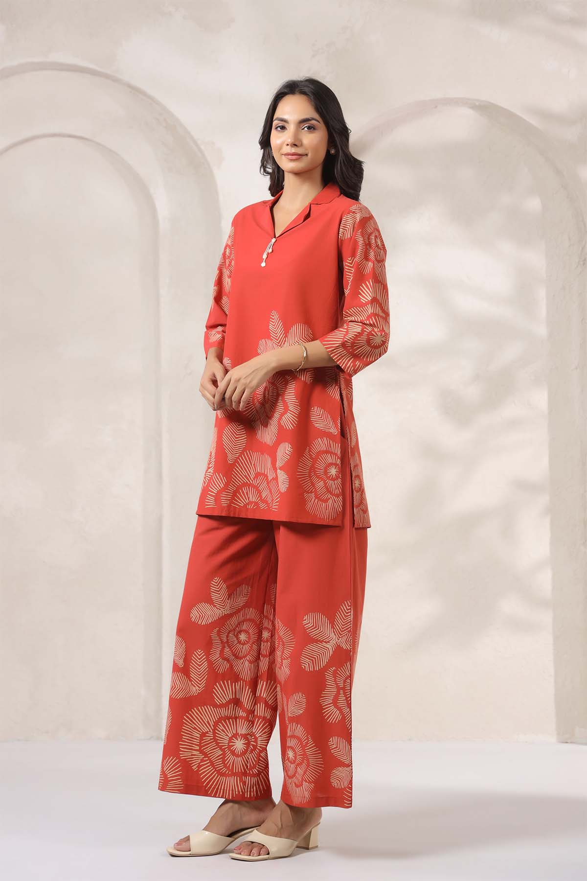 Orange Printed Russian Silk Co-Ord Set for Women