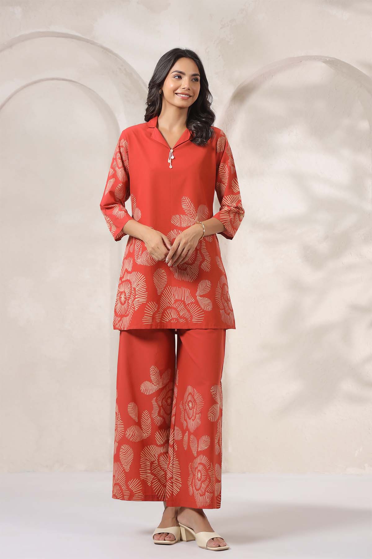 Orange Printed Russian Silk Co-Ord Set for Women