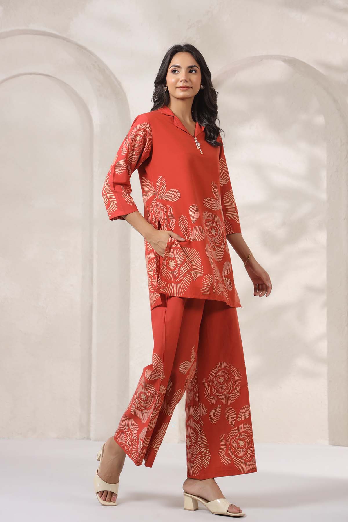 Orange Printed Russian Silk Co-Ord Set for Women