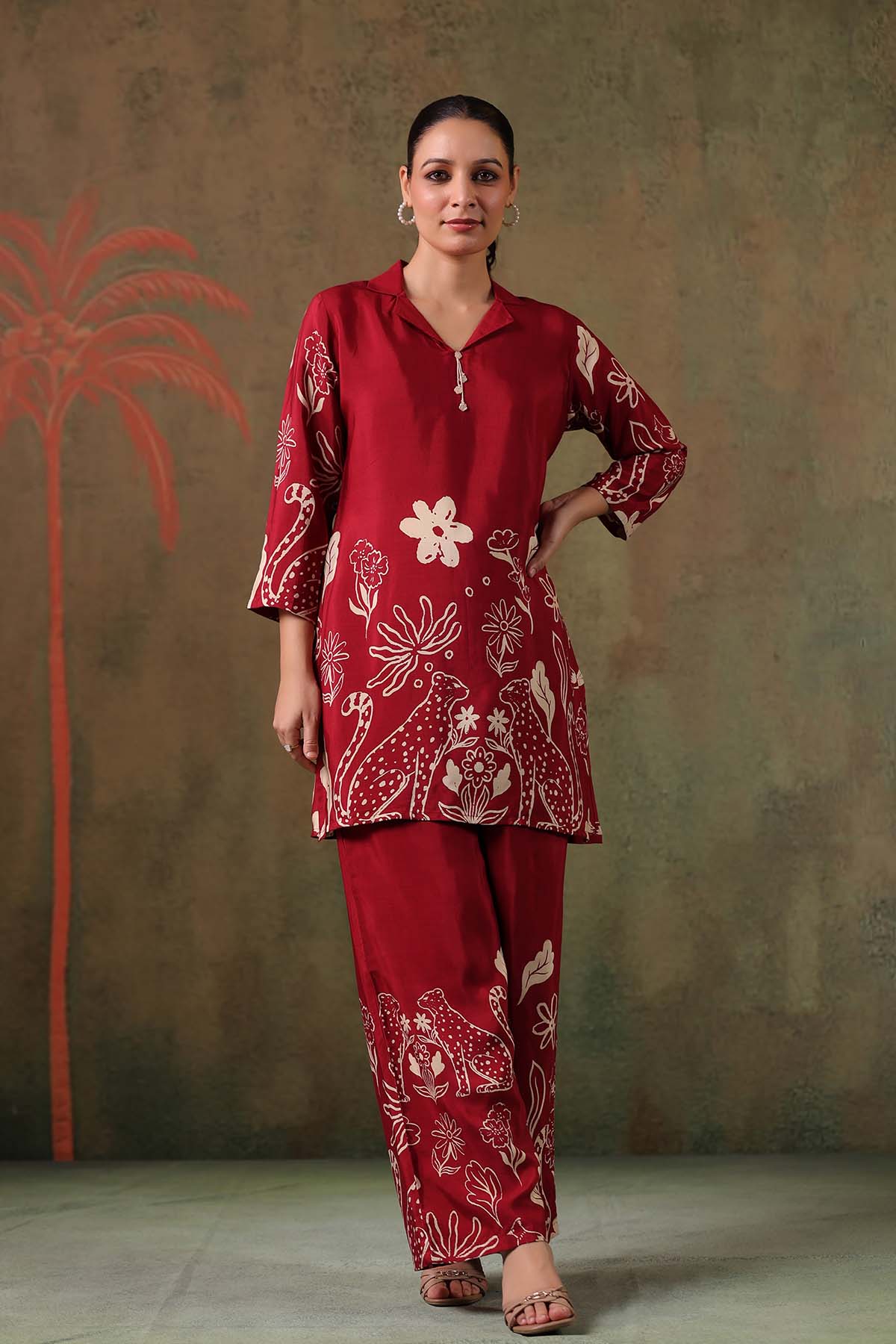 Maroon Printed Russian Silk Co-Ord Set for Women