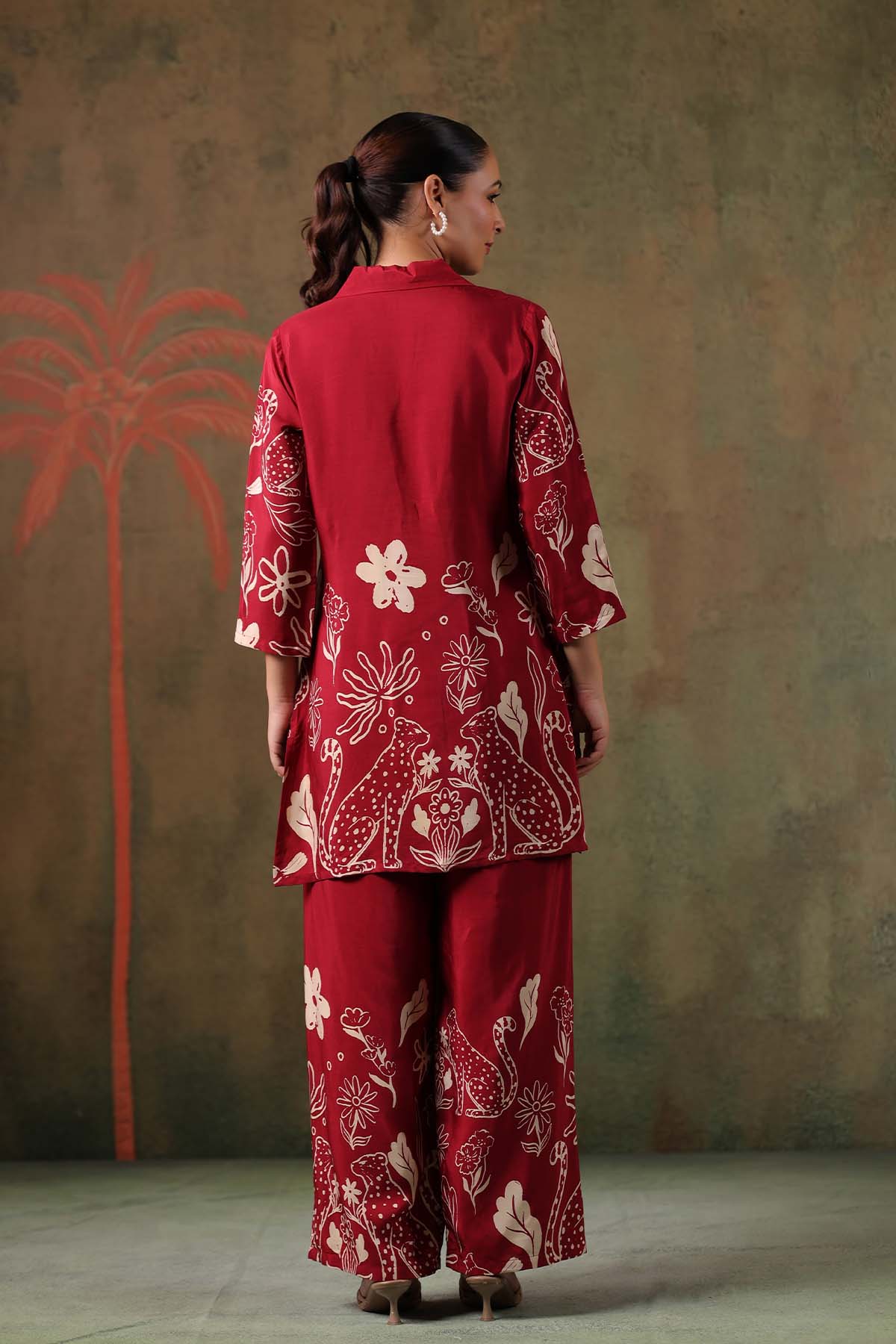 Maroon Printed Russian Silk Co-Ord Set for Women