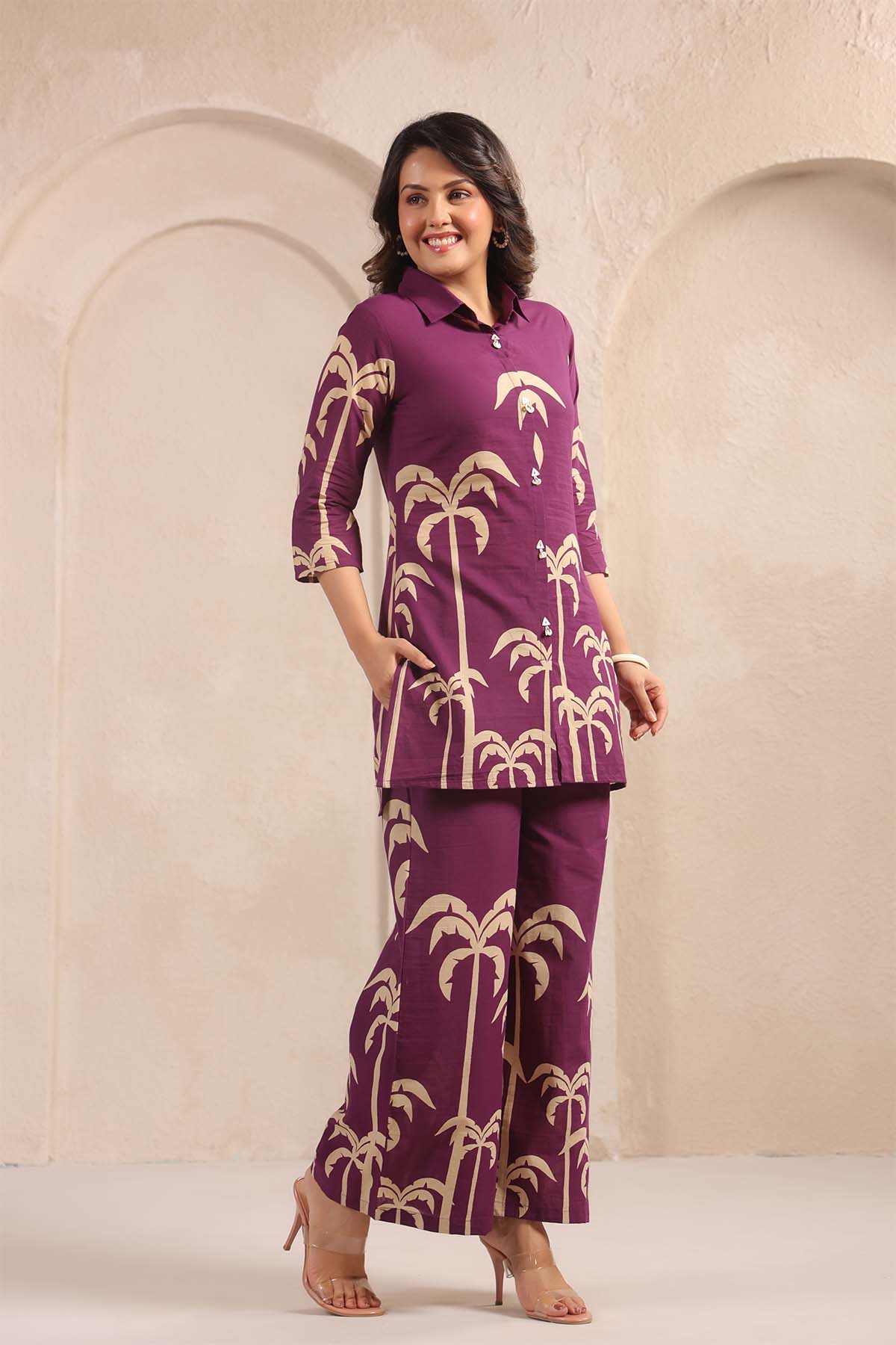 Purple Printed Russian Silk Co-Ord Set for Women