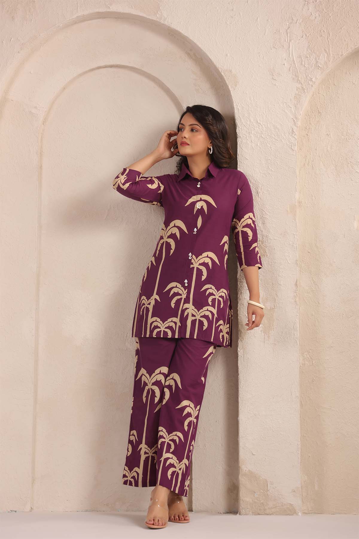 Purple Printed Russian Silk Co-Ord Set for Women