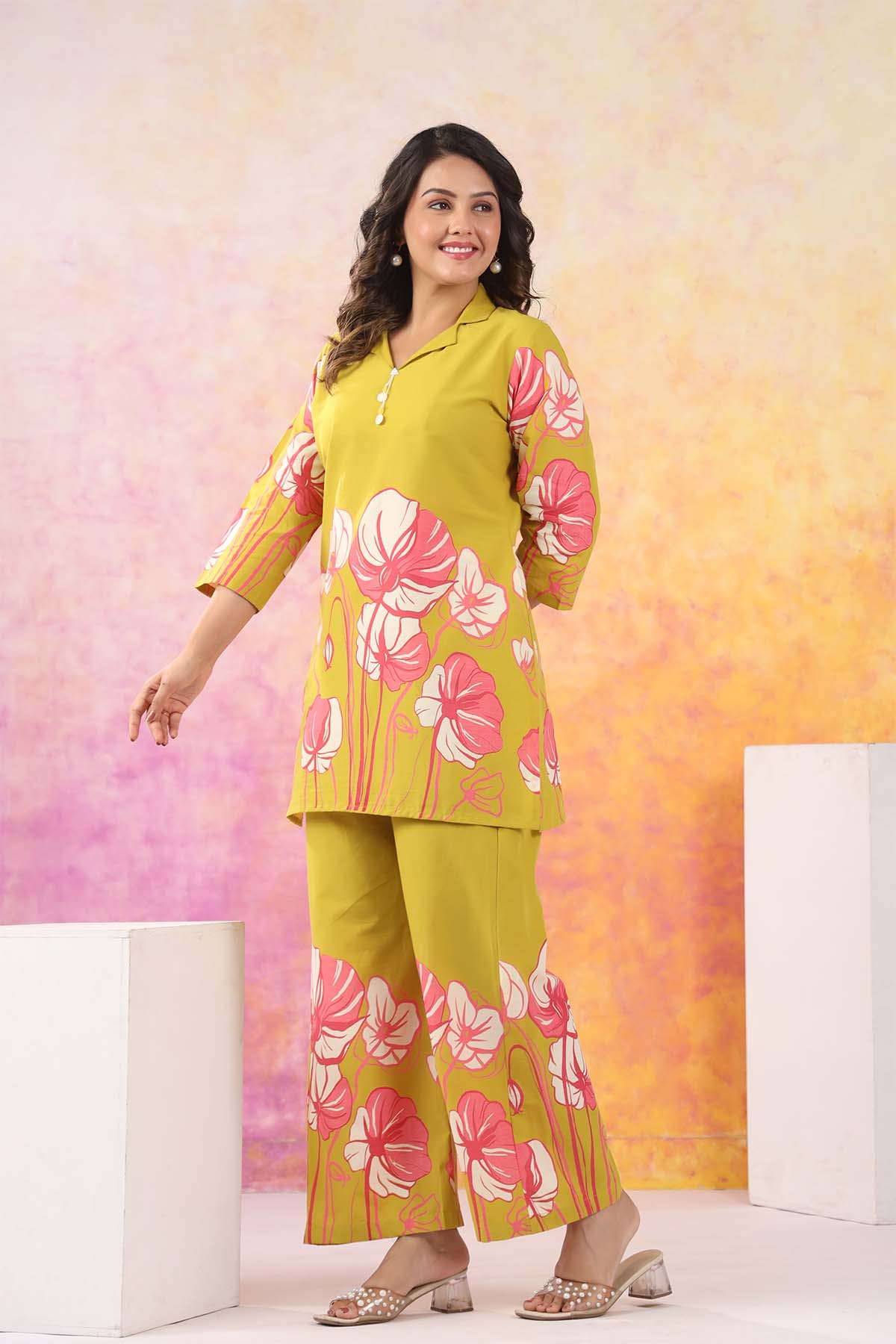 Yellow Printed Russian Silk Co-Ord Set for Women