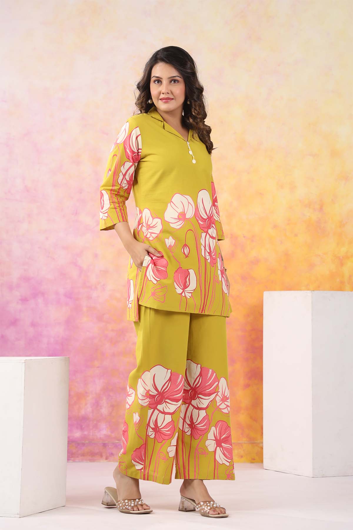 Yellow Printed Russian Silk Co-Ord Set for Women