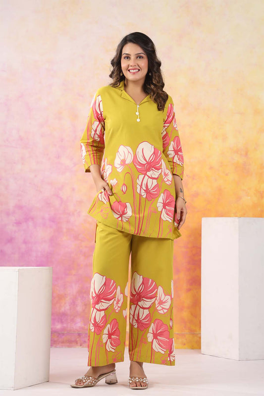 Yellow Printed Russian Silk Co-Ord Set for Women