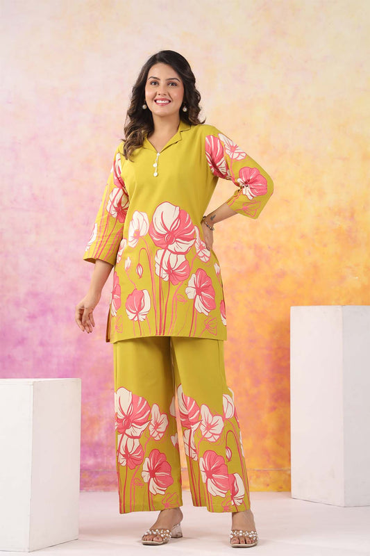Yellow Printed Russian Silk Co-Ord Set for Women