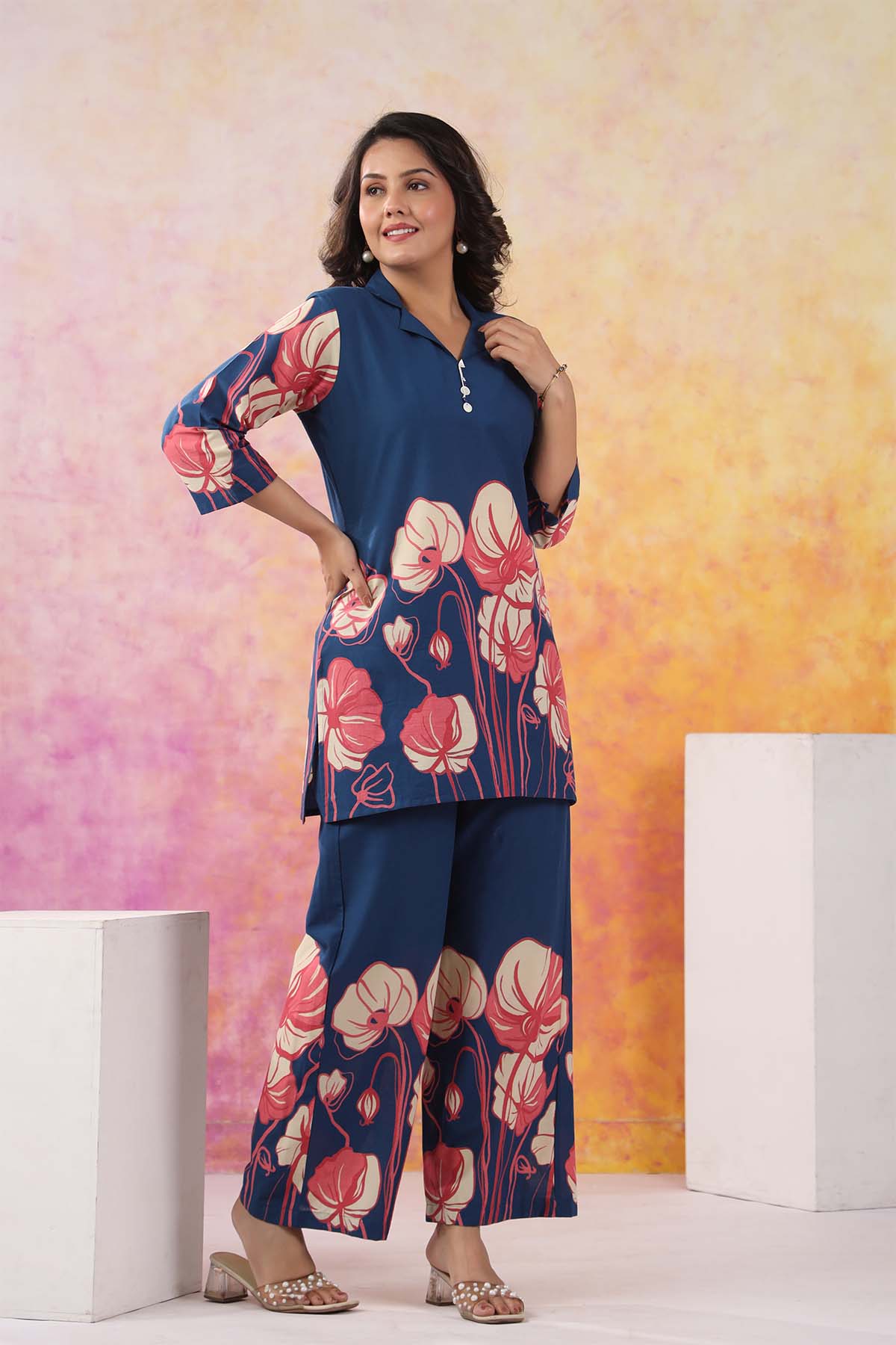 Navy Printed Russian Silk Co-Ord Set for Women