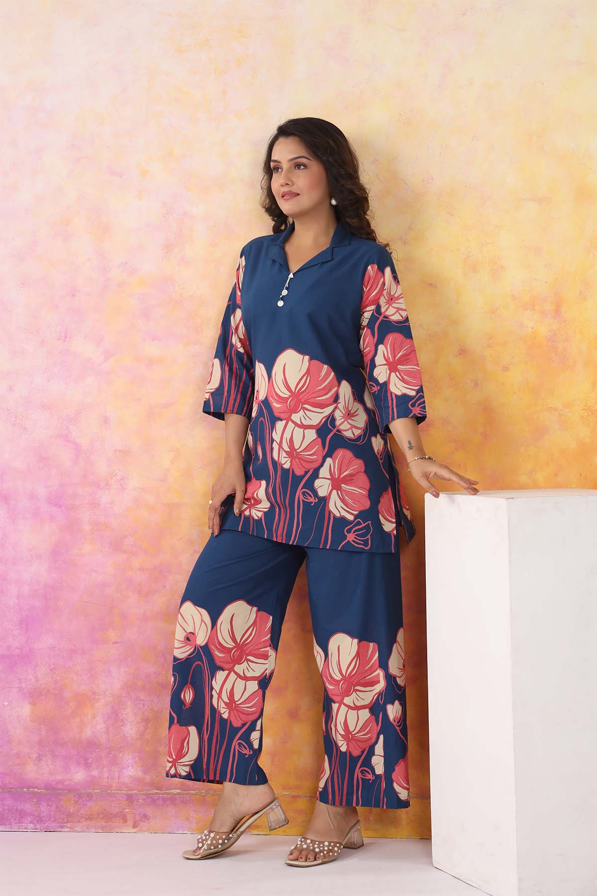 Navy Printed Russian Silk Co-Ord Set for Women