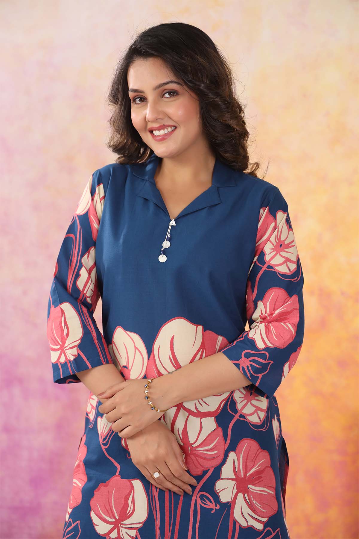 Navy Printed Russian Silk Co-Ord Set for Women