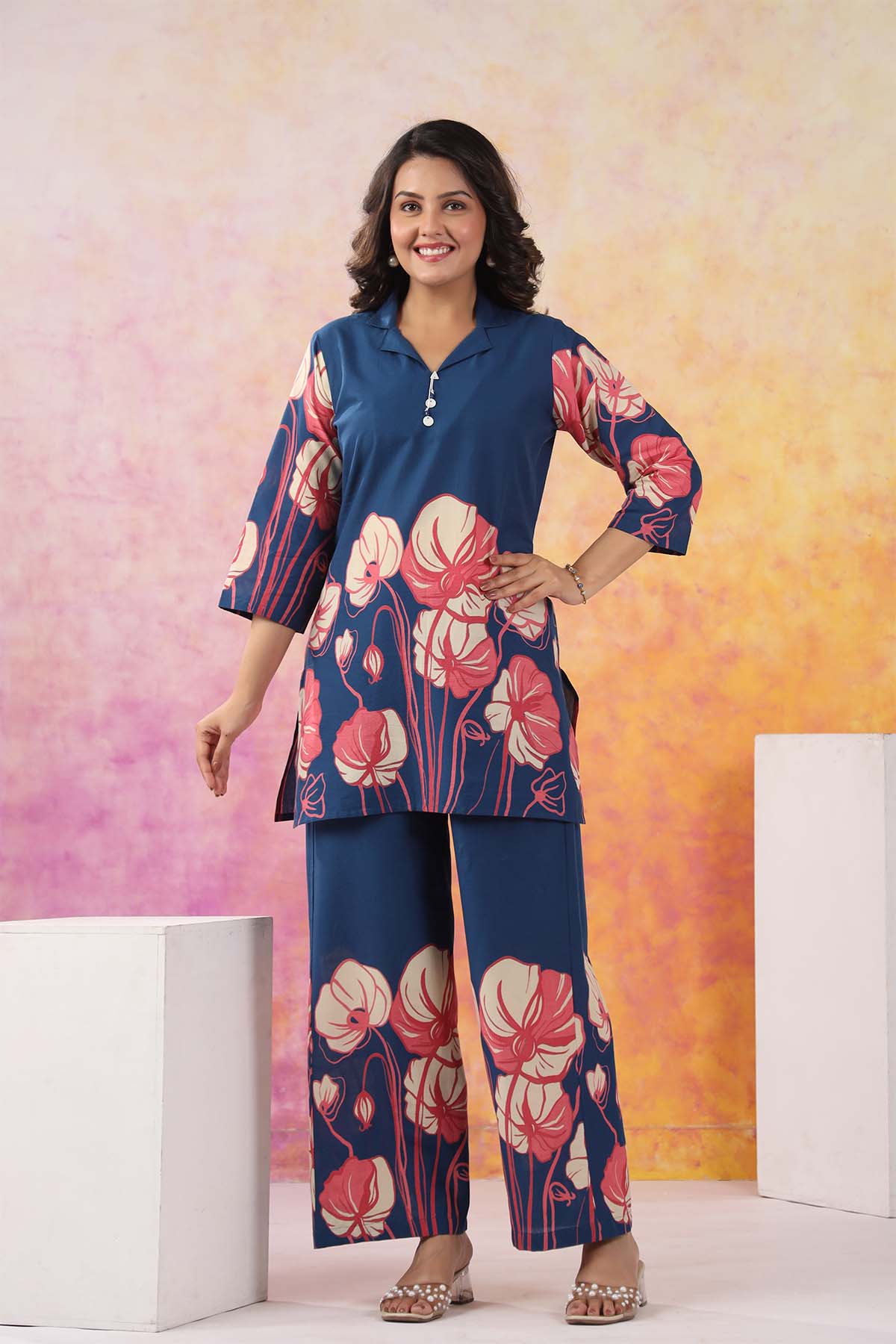 Navy Printed Russian Silk Co-Ord Set for Women