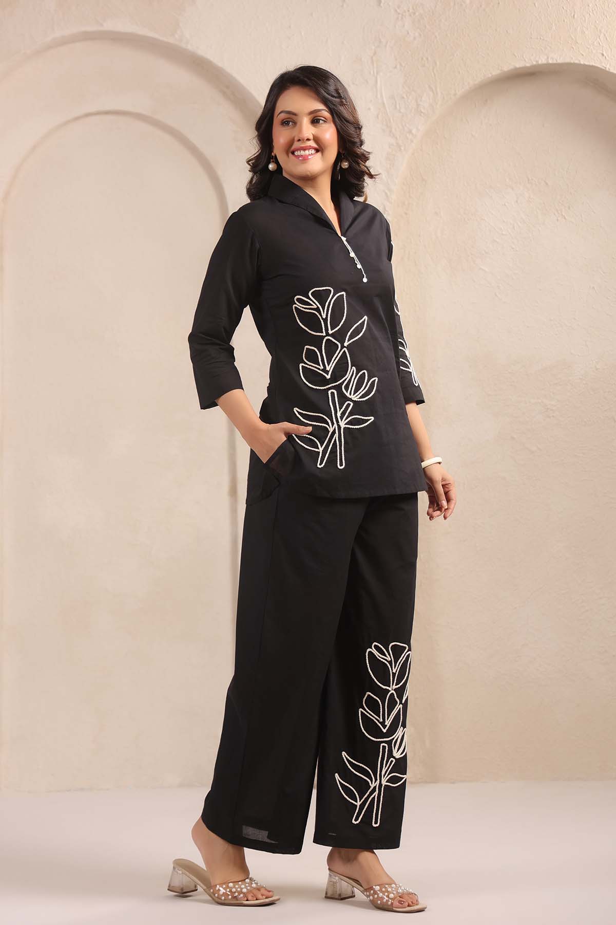 Black Printed Russian Silk Co-Ord Set for Women