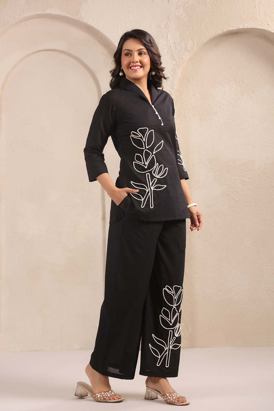 Black Printed Russian Silk Co-Ord Set for Women