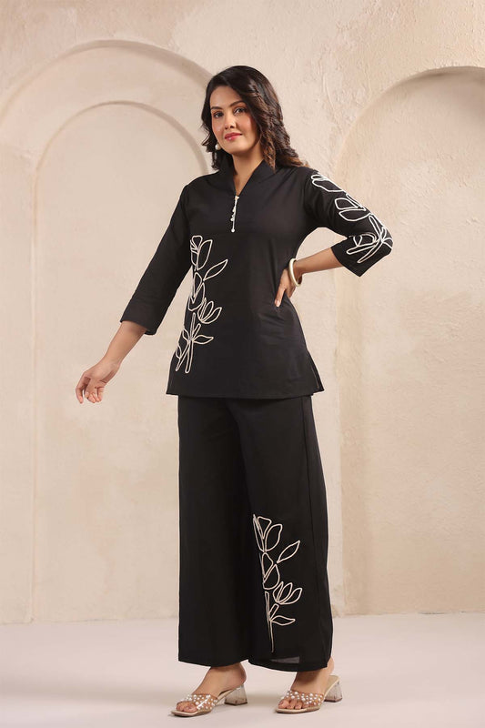 Black Printed Russian Silk Co-Ord Set for Women