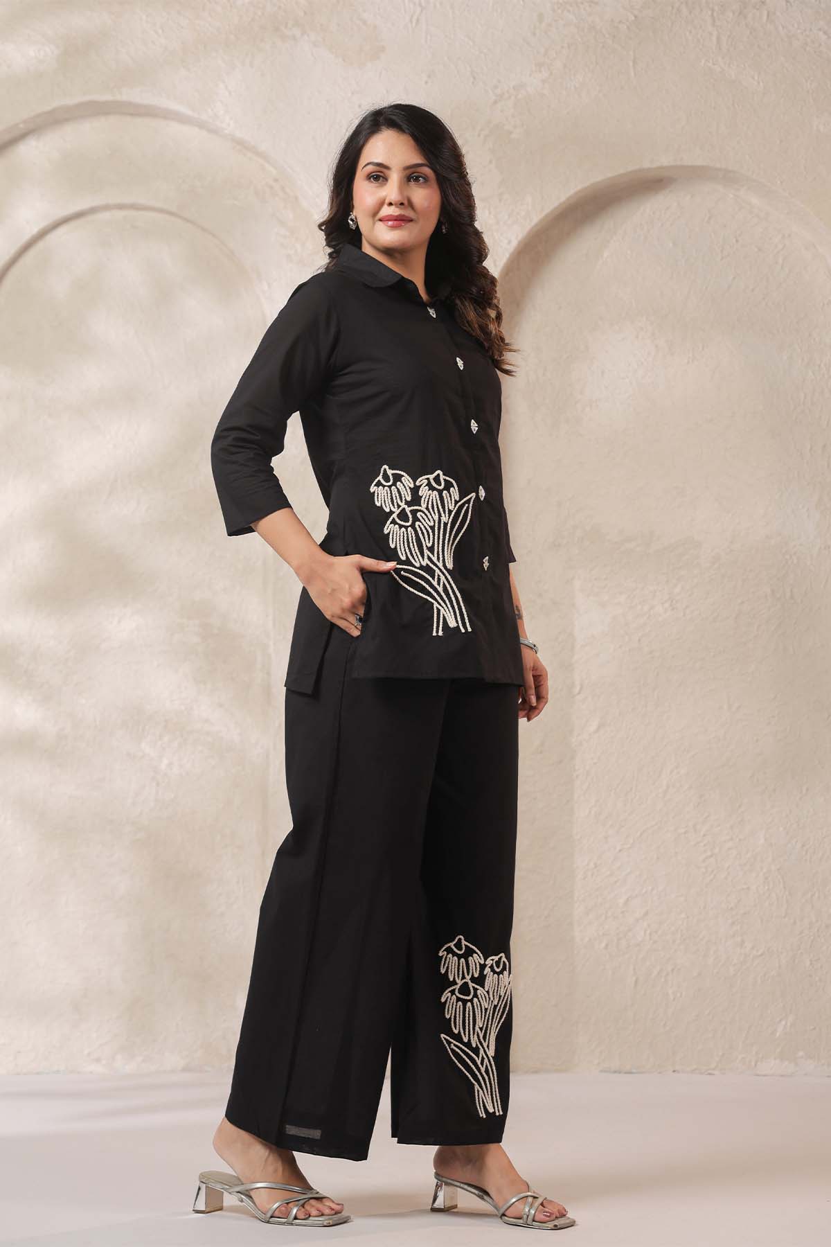 Black Printed Russian Silk Co-Ord Set for Women