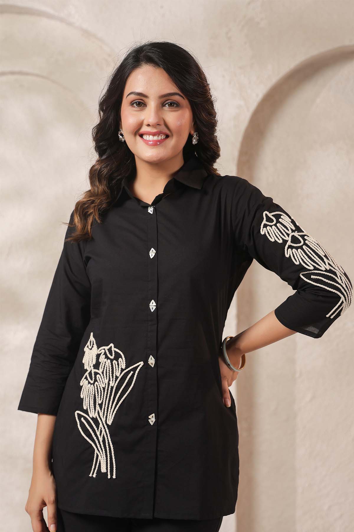 Black Printed Russian Silk Co-Ord Set for Women