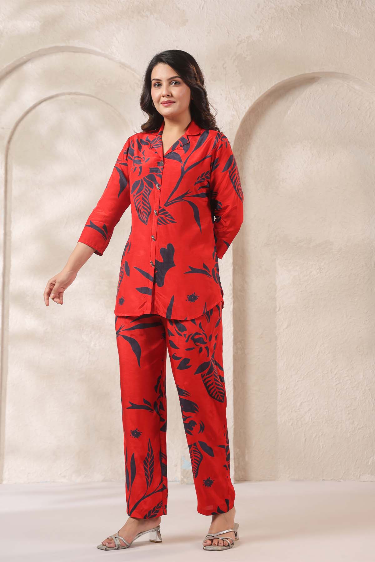 Red Printed Russian Silk Co-Ord Set for Women