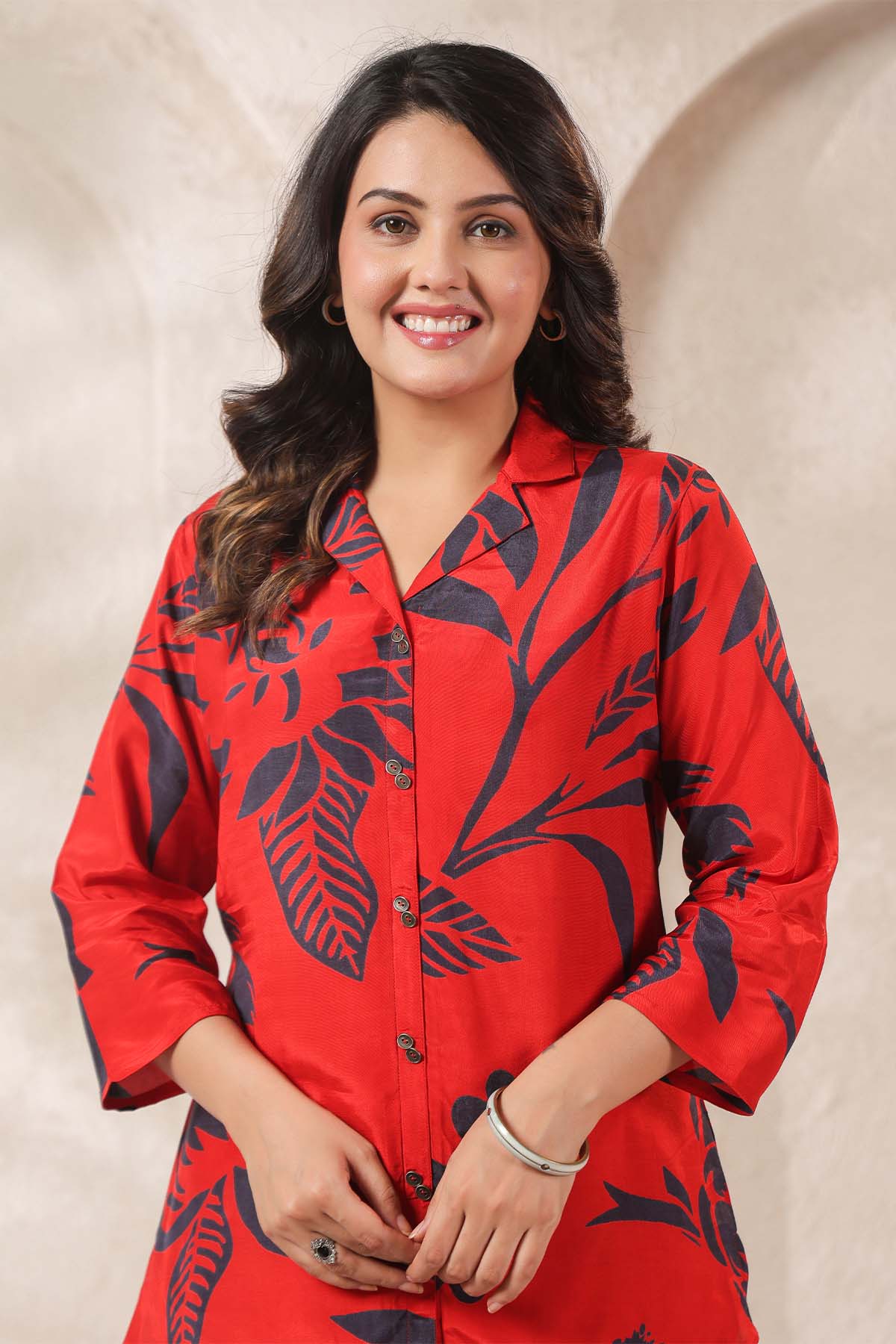 Red Printed Russian Silk Co-Ord Set for Women