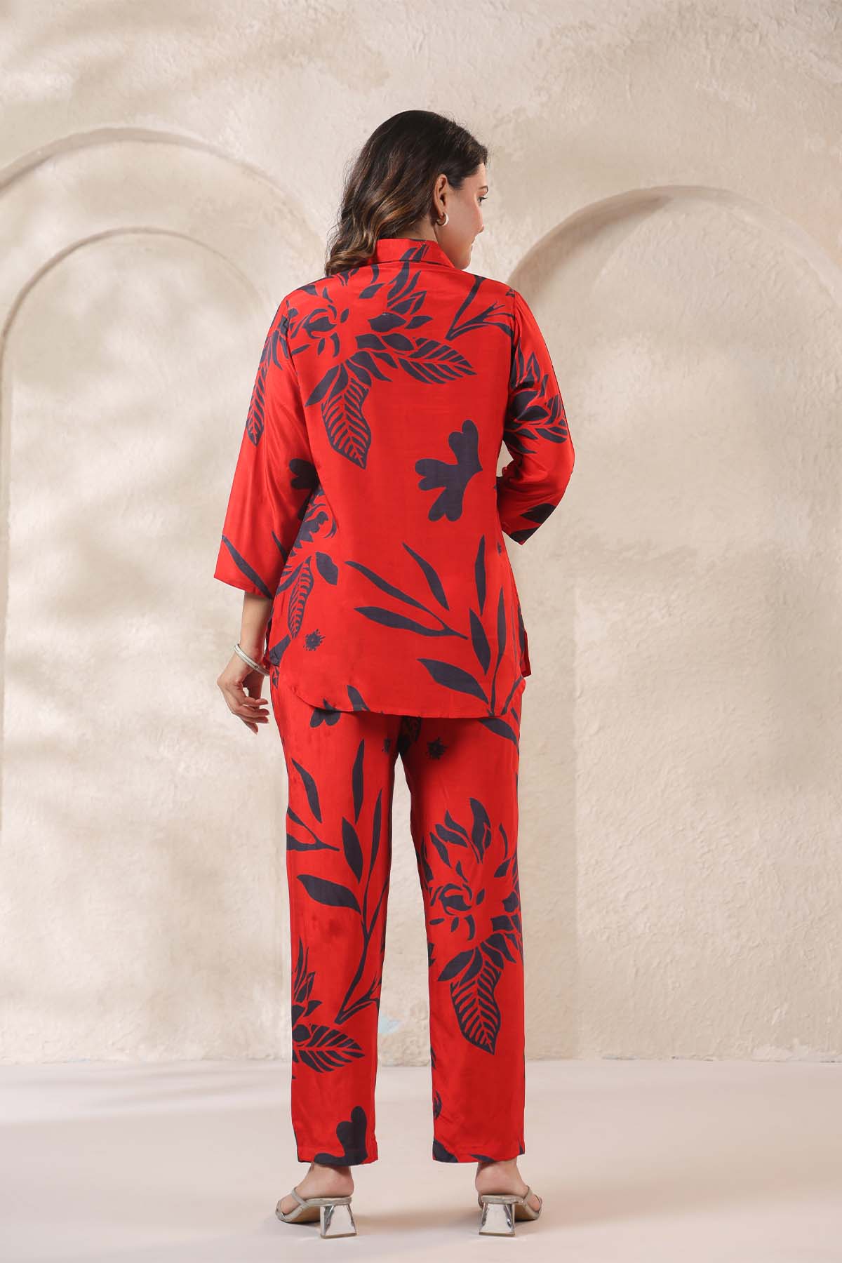 Red Printed Russian Silk Co-Ord Set for Women