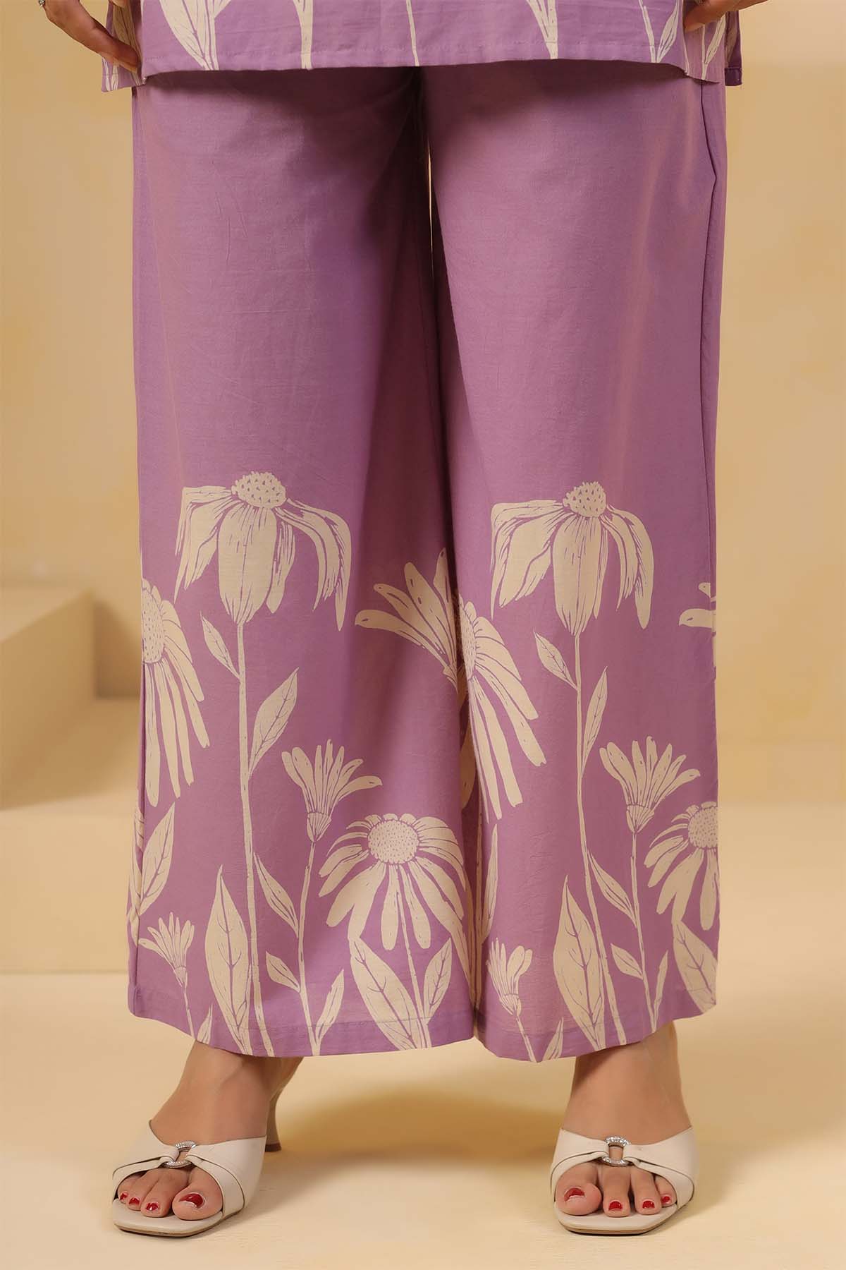 Purple Printed Russian Silk Co-Ord Set for Women