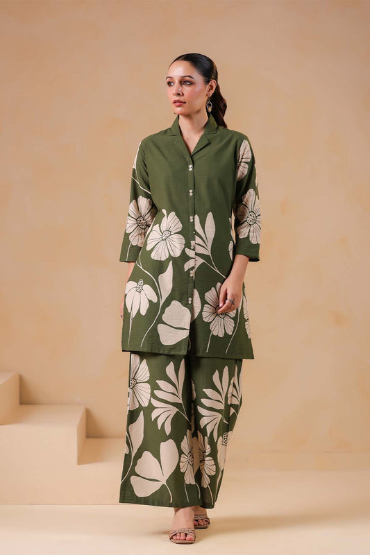 Green Printed Russian Silk Co-Ord Set for Women