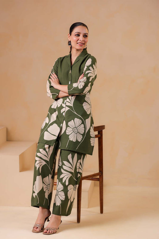 Green Printed Russian Silk Co-Ord Set for Women