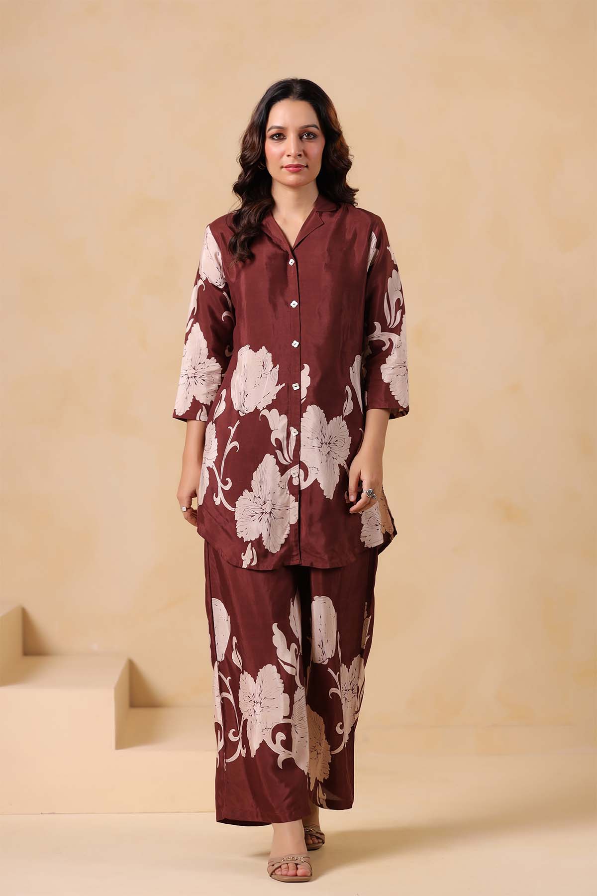 Brown Printed Russian Silk Co-Ord Set for Women