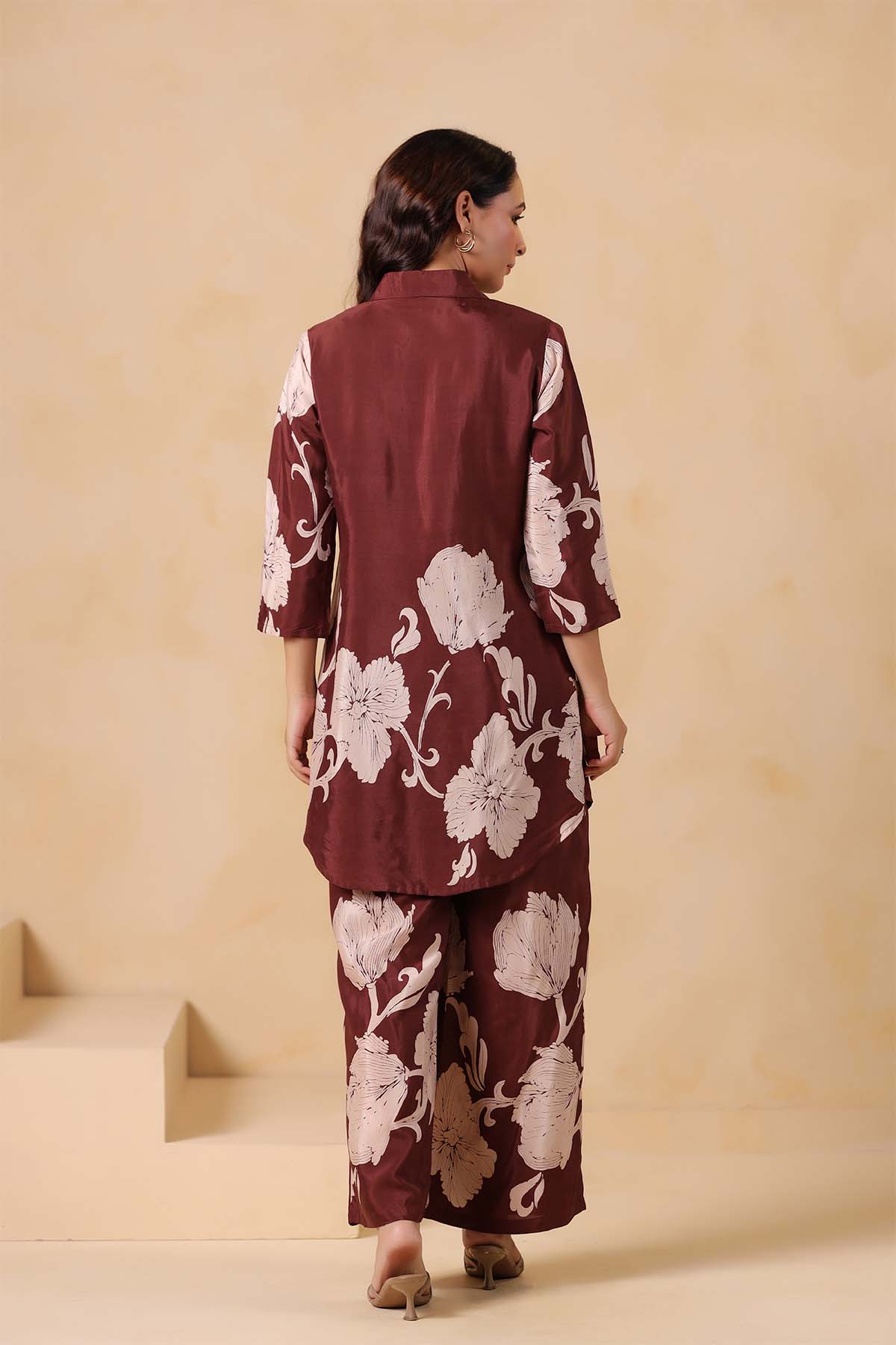 Brown Printed Russian Silk Co-Ord Set for Women