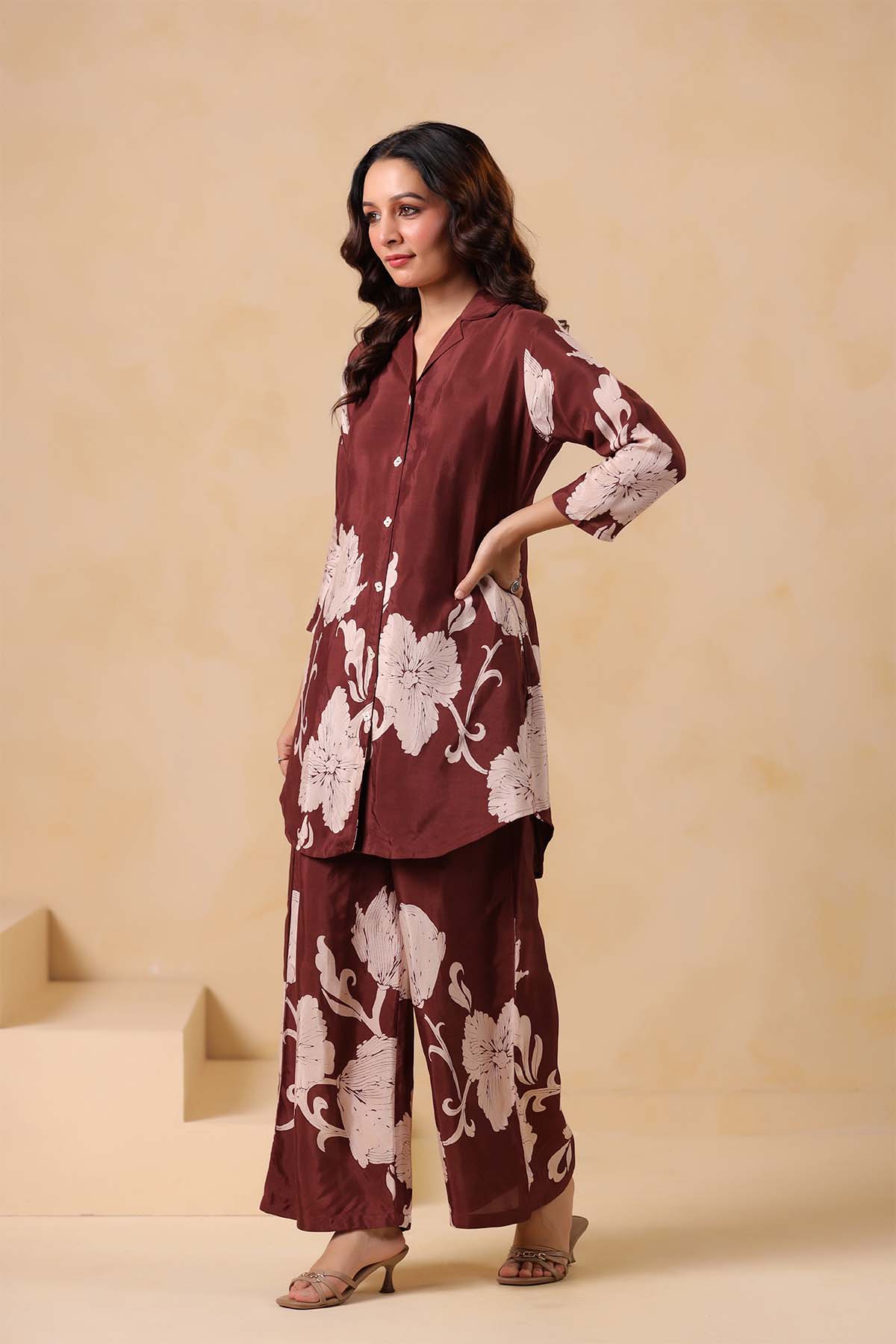 Brown Printed Russian Silk Co-Ord Set for Women