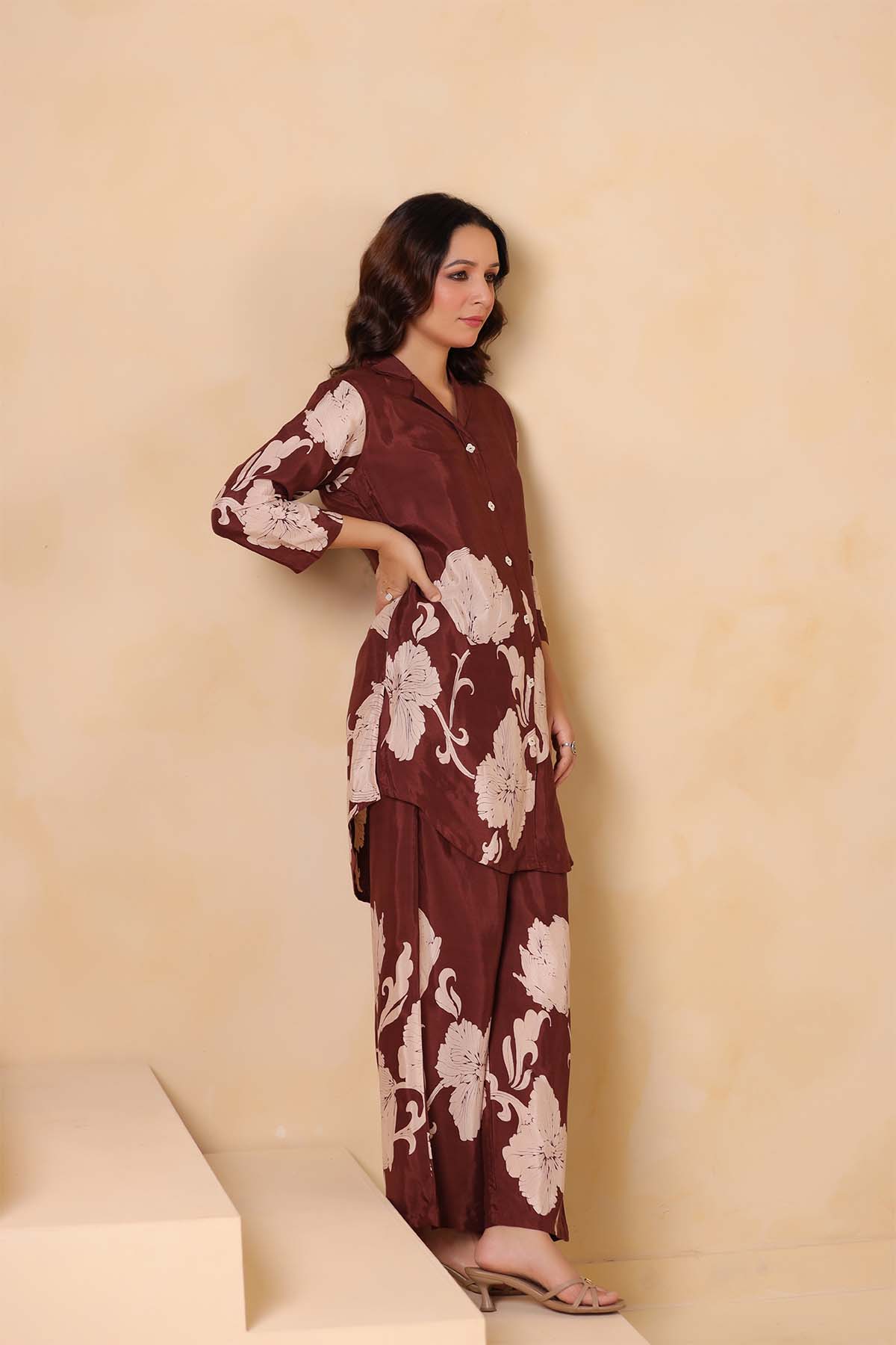 Brown Printed Russian Silk Co-Ord Set for Women