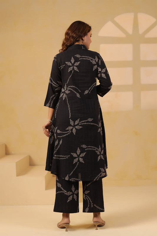 Black Cotton Dobby Floral Kurta Set