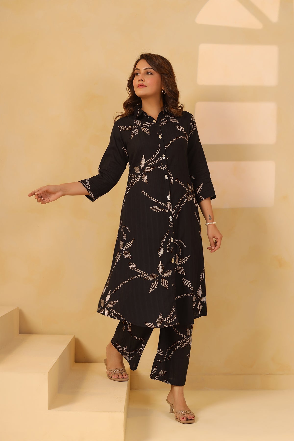 Black Cotton Dobby Floral Kurta Set
