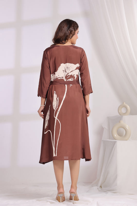 Brown Midi Russian Silk Dress