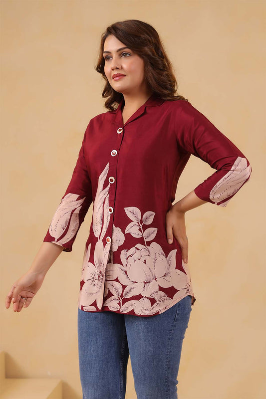 Maroon Russian Silk Printed Top