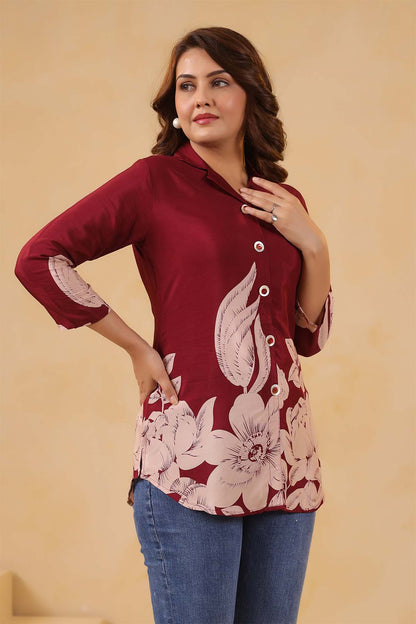 Maroon Russian Silk Printed Top