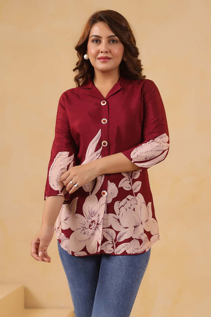 Maroon Russian Silk Printed Top