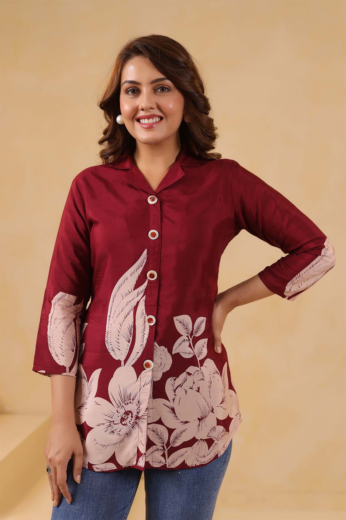Maroon Russian Silk Printed Top
