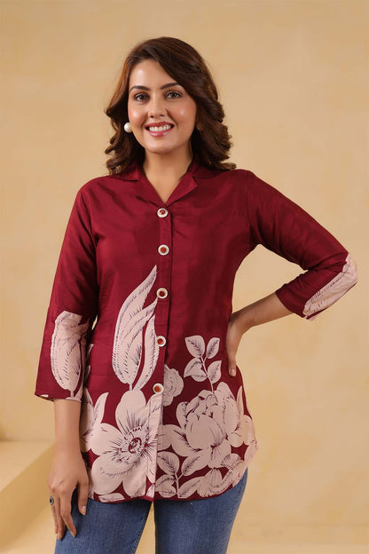 Maroon Russian Silk Printed Top